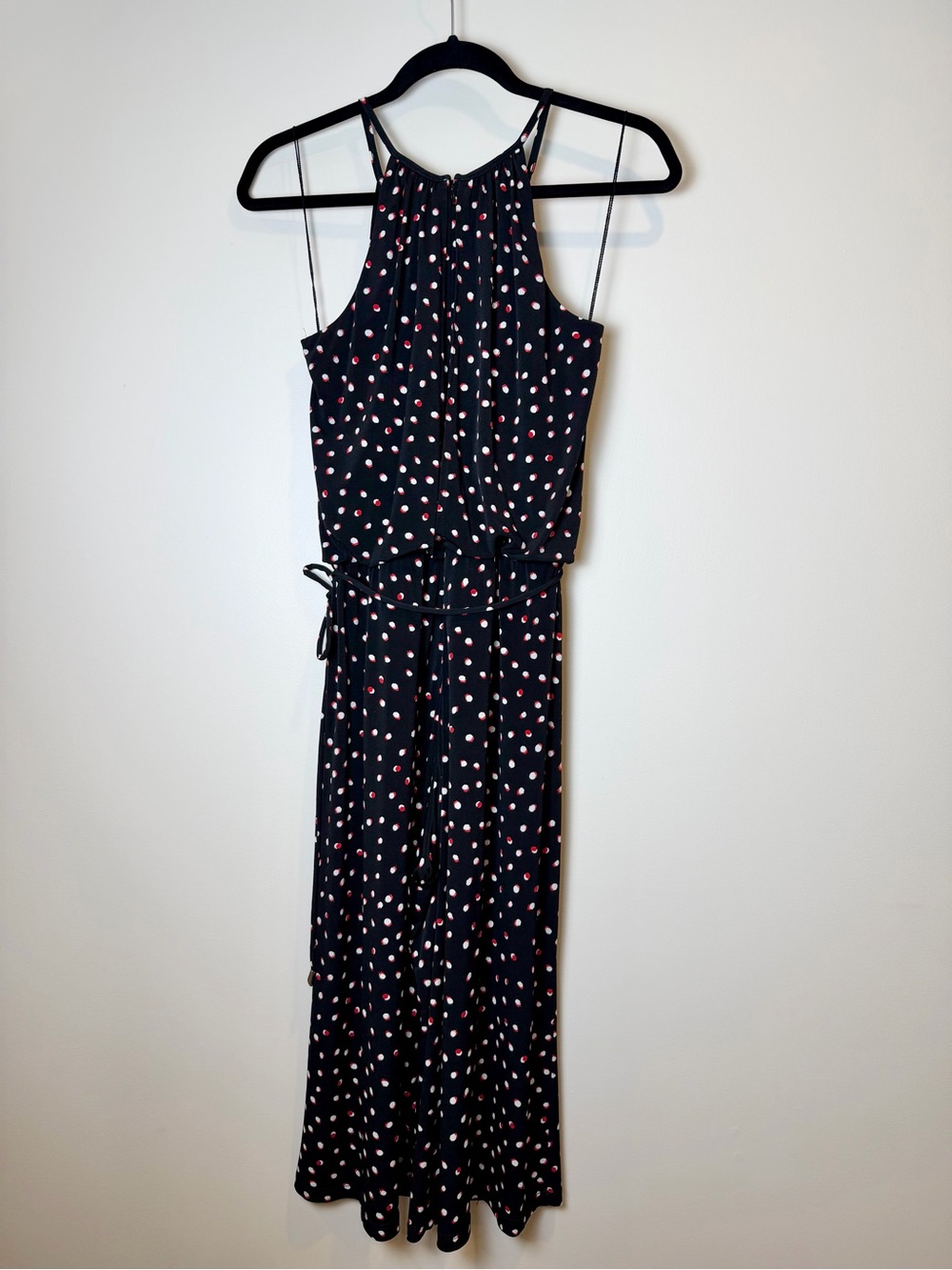 Wisp Sleeveless Black Knit Polka Dot Crop Jumpsuit with Waist Tie